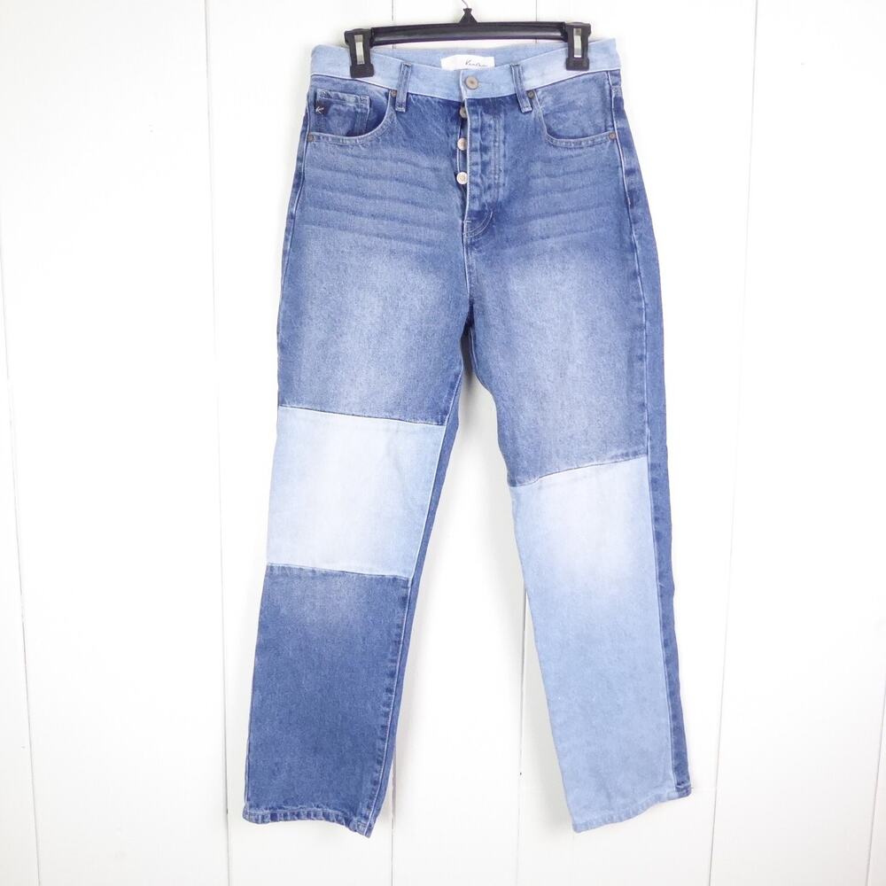 KanCan Jeans Women SZ 7/27 Colorblocked Denim Patches High Rise Button Fly Baggy